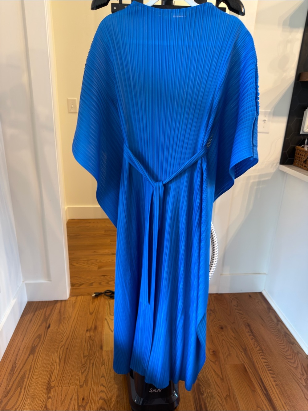 Blue Pleated Midi Dress with Waist Tie